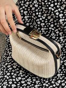 新款编织草编手提包，时尚女包，百搭单肩斜挎包 - 彩色 - 查看 6