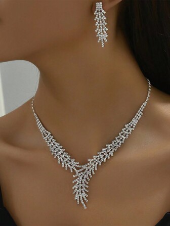 2pcs/Set Bride's Necklace & Earrings Combos Set With Rhinestone Decor, Suitable For Weddings, Parties, Banquet, Etc. Halloween