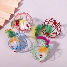 Cat Toy Mouse With Real Feathers Tail And Colored Wire Painted Cage, Random Color For The Mouse Inside - Multicolor - View 4
