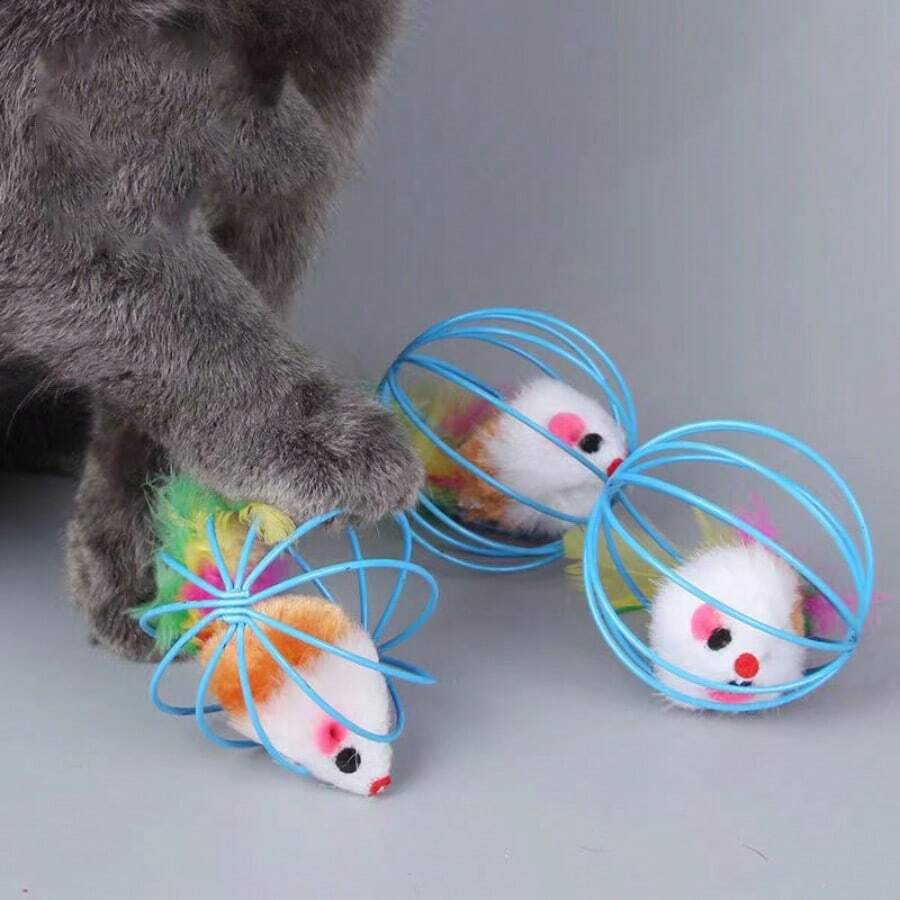 Cat Toy Mouse With Real Feathers Tail And Colored Wire Painted Cage, Random Color For The Mouse Inside - Multicolor - View 1