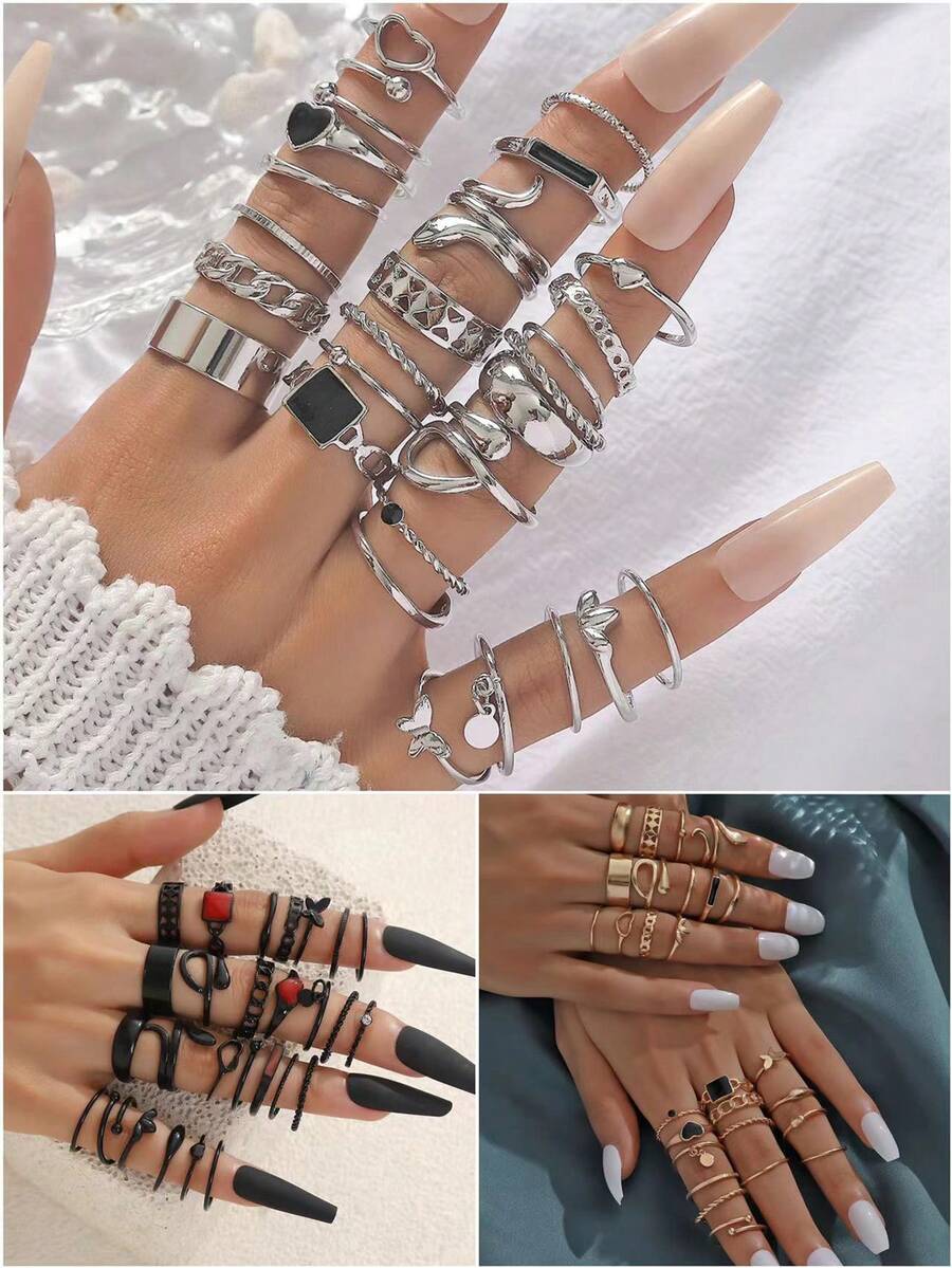 27 枚/套皇冠蝴蝶八字形鏤空水鑽戒指女式 - 27件套戒指 - 查看 1