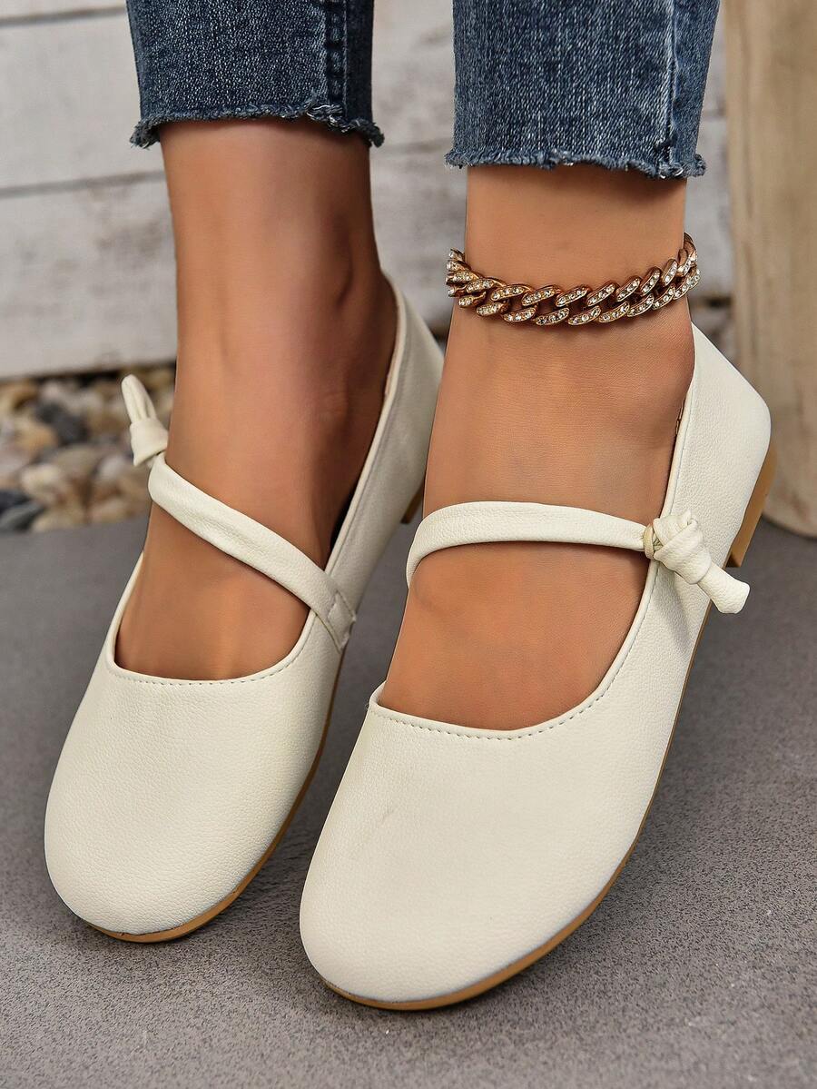 女士真皮設計鞋款，瑪麗珍風格方頭平底鞋，時尚百搭，適用於春季 - 米色 - 查看 1