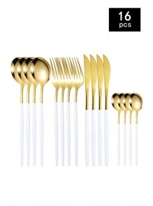 Juego de cubiertos de acero inoxidable de 4 piezas/16 piezas/24 piezas/32 piezas, con juego de cuchillo, tenedor y cuchara adecuado para uso doméstico, restaurante, utensilios de cocina de hotel - oro+blanco - Ver 10