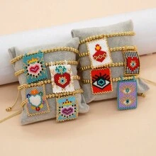 1 pieza Pulsera tejida a mano de estilo bohemio y de vacaciones, con Charm en forma de corazón y cuentas doradas de 18k, joyería de moda de verano, mejor regalo de amistad, mejor regalo para el Día de los Enamorados