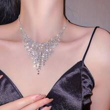 1pc Luxurious Full Rhinestone Drop Necklace For Bridal, Engagement, Prom - Silver - View 2