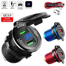 QC3.0 Car Cigarette Lighter Socket Plug Aluminum Double Dual USB Port LED Voltmeter 12V-24V
