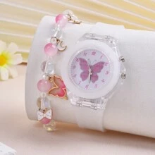 1pc Kids Butterfly Print Dial Quartz Watch & 1pc Bracelet