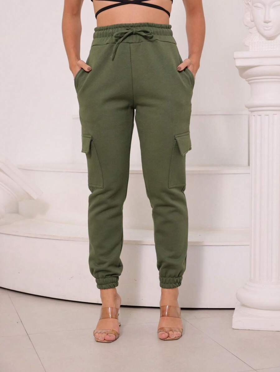 calça cargo feminina moletom moda casual - Verde Militar - Visão 1