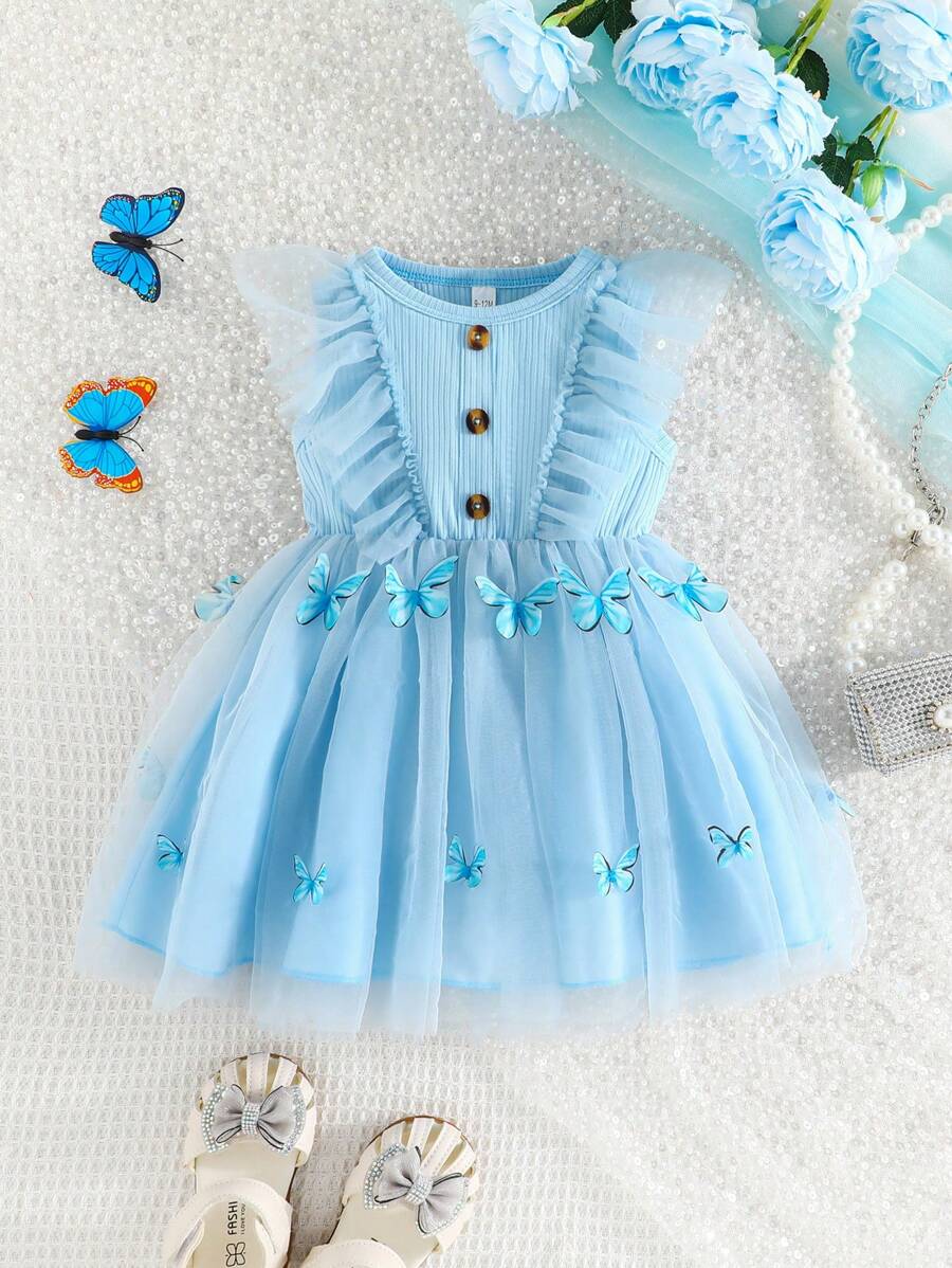 Vestido De Verano Para Bebé Niña Con Estampado De Mariposas, Espalda De Malla Y Cintas - Azul - Ver 1