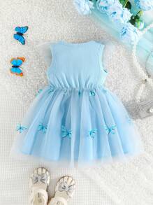Vestido De Verano Para Bebé Niña Con Estampado De Mariposas, Espalda De Malla Y Cintas - Azul - Ver 2