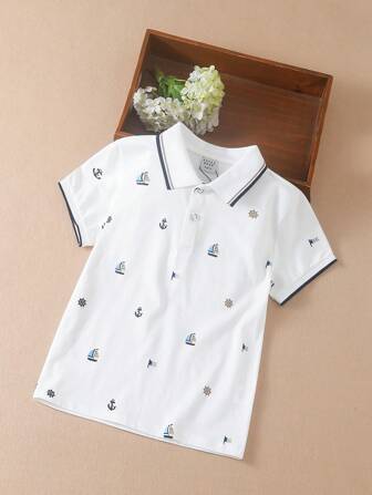 Tween Boys' College Style Sailboat Print Short Sleeve Polo Shirt For Summer