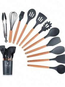 12 utensilios de cocina con cubos cubos de almacenamiento de mango de madera herramientas de cocina antideslizantes cucharas de silicona,con Cepillo/ Batidor/ Espátula/ Cuchara/ Cucharón/ Pinzas tenedor para pasta, Herramientas de Cocina para Cocinar, Mezclar y Hornea - Gris - Ver 1