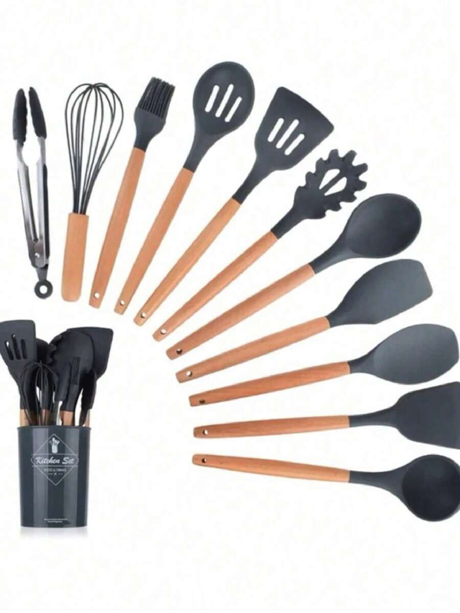 12 utensilios de cocina con cubos cubos de almacenamiento de mango de madera herramientas de cocina antideslizantes cucharas de silicona,con Cepillo/ Batidor/ Espátula/ Cuchara/ Cucharón/ Pinzas tenedor para pasta, Herramientas de Cocina para Cocinar, Mezclar y Hornea - Gris - Ver 1