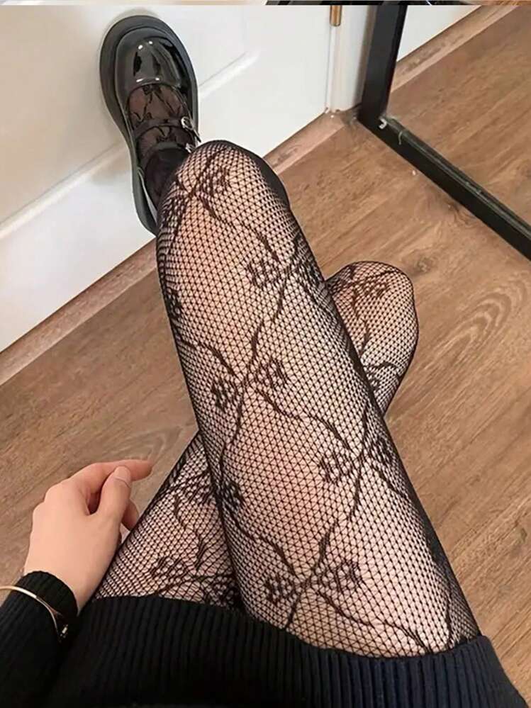 1쌍 검정 얇은 그물 구멍 바느질 레이스 양말, 봄과 가을을위한 섹시 자카드 팬티스트랑