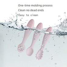 PopLittleOne 3Pcs/Set Unisex Baby Silicone Spoon Fork Set Solid Utensils Toddler Learn To Eat Training Soft Cutlery Children's Tableware - Baby Pink - View 4