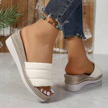 2024 Mùa hè Mới Giải trí Dép đi trong nhà Đối với phụ nữ , Dày Đáy Nền tảng & Lanh Dây đeo Thiết kế , Hàn Quốc Phong cách , Thoải mái Và Chống trượt - trắng - Xem 1