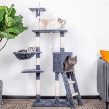 Cat Tree, 145cm Cat Scratch Posts Multi-Level Stable Cat Climbing Tower Cat Activity Trees With Ladder, Indoor Pet Activity Furniture Play House For Kitty Kitten - Grey - View 1