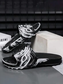 男式夏季拖鞋，時尚戶外防滑迷彩圖案防滑溜板，舒適透氣沙灘涼鞋（黑色） - 黑色 - 查看 2