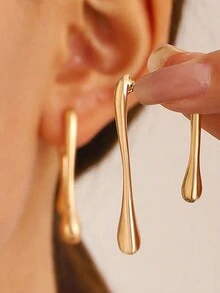 極簡主義飄落水滴前後掛墜耳環,獨特設計厚線掛墜,不過敏時尚首飾禮物純銀針扣耳釘 - 吊墜耳環 - 查看 2