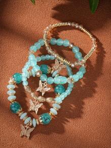 4pcs/Set Multilayer Butterfly Pendant Time Gemstone Beaded Bracelet - Mint Blue - View 2