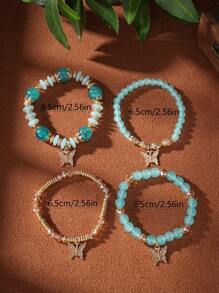 4pcs/Set Multilayer Butterfly Pendant Time Gemstone Beaded Bracelet - Mint Blue - View 3