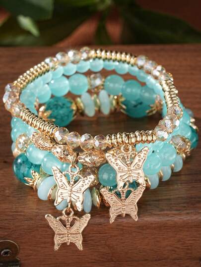 4pcs/Set Multilayer Butterfly Pendant Time Gemstone Beaded Bracelet