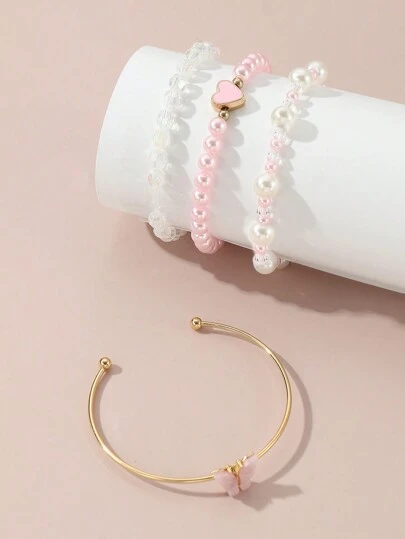 4pcs/Set Girls Pearl Beaded Butterfly & Heart Bracelets, Suitable For Daily Decoration