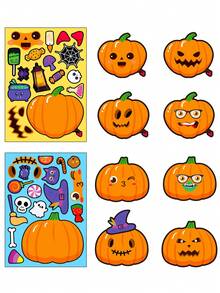 6pcs/Pack Halloween Pumpkin Cartoon Doodle Diy Kids Sticker Puzzle - Yellow - View 6