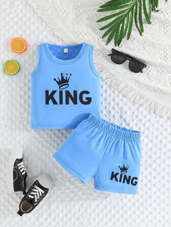 2 Stück/Set Baby Jungen Sommer Lässig Sport Strand Krone Buchstaben Muster Tanktop & Shorts Set