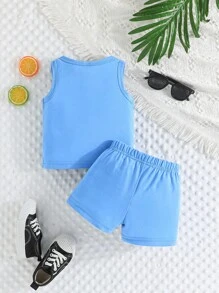 2 件套男婴夏季休闲运动沙滩皇冠字母印花背心和短裤套装