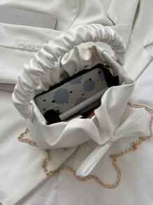 女士时尚褶皱新月手提包，迷你云朵形单肩包，配围巾蝴蝶结装饰，休闲斜挎包，配金属链带 - 白色 - 查看 9