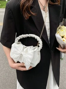 女士时尚褶皱新月手提包，迷你云朵形单肩包，配围巾蝴蝶结装饰，休闲斜挎包，配金属链带 - 白色 - 查看 5