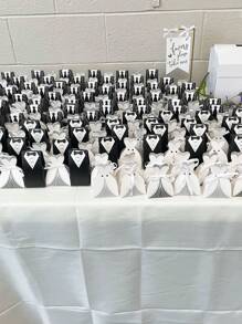 100pcs Wedding Dress & Tailcoat Theme Candy Box With Ribbon, Popular For Bridal Shower, Wedding Reception,Christmas - Black and White - View 6