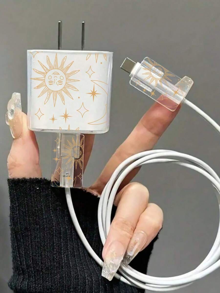彩绘图案充电器保护套,兼容 Apple 15 / 14 Pro Max,透明防破损,兼容 13/12、iPad,硅胶充电器电缆,18/20W 快速充电,简约设计电缆保护器 - 彩色 - 查看 1