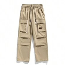 Pantalones Rectos De Bolsillo De Flip Con Cordón De Cintura Elástica Para Hombres