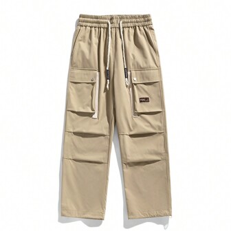 Men's New Elastic Waist Drawstring Flip Pocket Straight Pants