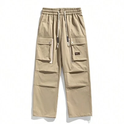 Men's New Elastic Waist Drawstring Flip Pocket Straight Pants