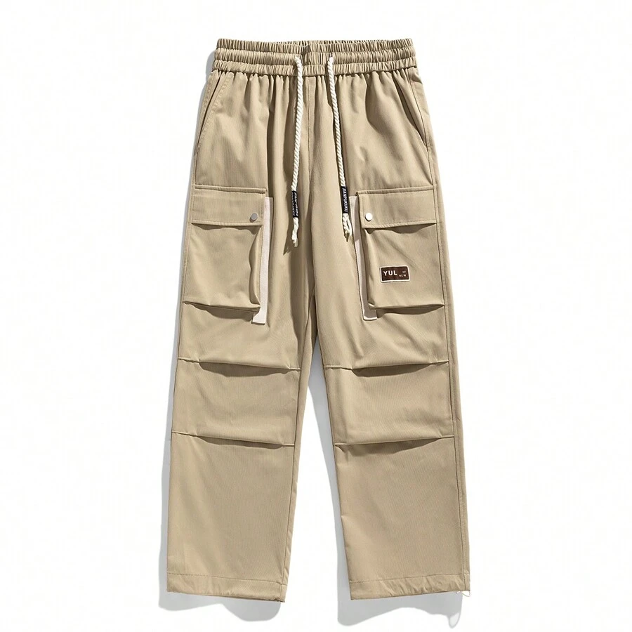 Pantalones Rectos De Bolsillo De Flip Con Cordón De Cintura Elástica Para Hombres