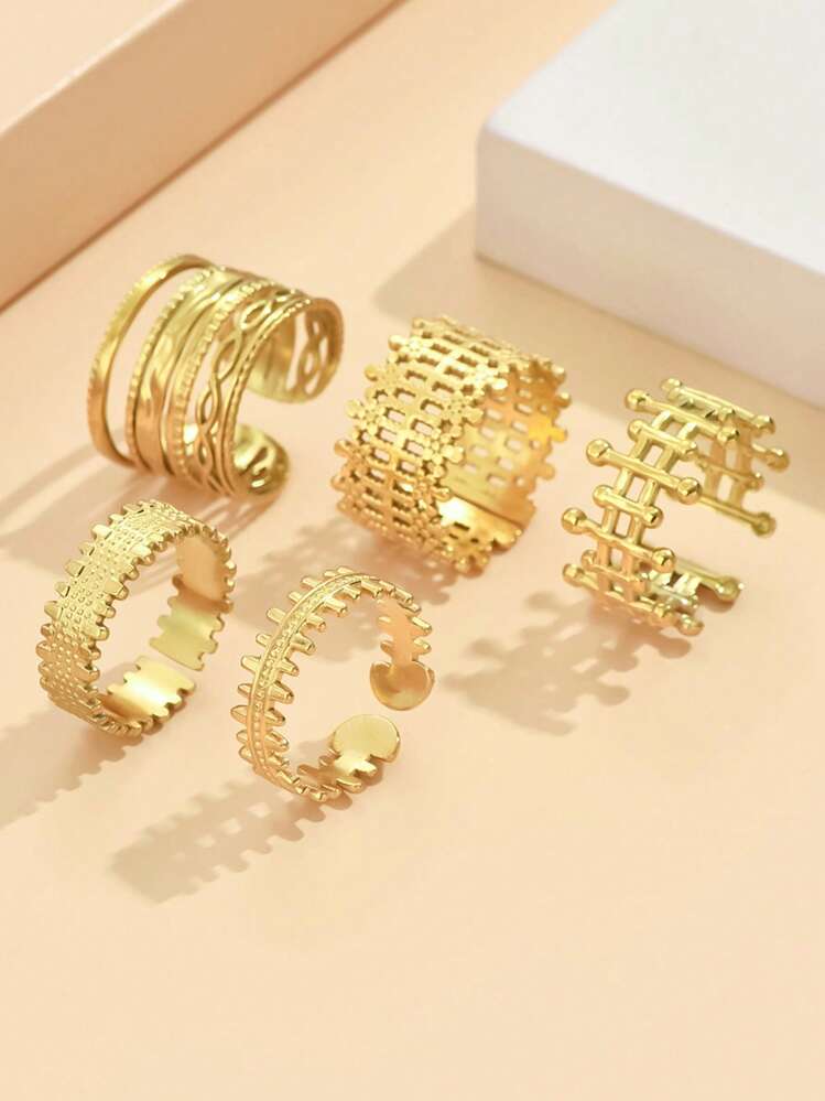 5 件/套不锈钢复古皇冠设计开口戒指，优雅叠戴戒指，镀 18K 金，女士珠宝礼物 - 套裝戒指 - 查看 1