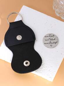 GuoShuang 1pc Stainless Steel Keychain Pendant Double Sided Inspirational Gift With PU Leather Holder - Silver - View 3