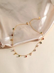 مجموعة مجوهرات فاخرة وأنيقة قطعتين، سوار وعقد من الفولاذ المقاوم للصدأ مطلي بذهب عيار 18 قيراط مزينة بسيكولوجية الألوان وزركونيا، مناسبة للنساء للارتداء في العطلات والحفلات وفي الاستخدام اليومي - ذهبي أصفر - مشاهدة 4