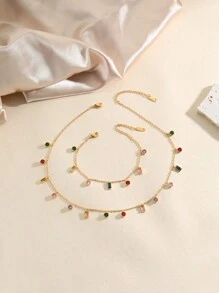 مجموعة مجوهرات فاخرة وأنيقة قطعتين، سوار وعقد من الفولاذ المقاوم للصدأ مطلي بذهب عيار 18 قيراط مزينة بسيكولوجية الألوان وزركونيا، مناسبة للنساء للارتداء في العطلات والحفلات وفي الاستخدام اليومي - ذهبي أصفر - مشاهدة 2