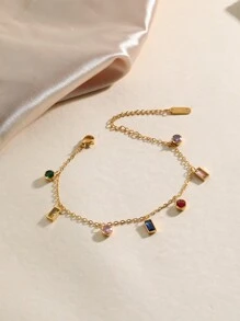 مجموعة مجوهرات فاخرة وأنيقة قطعتين، سوار وعقد من الفولاذ المقاوم للصدأ مطلي بذهب عيار 18 قيراط مزينة بسيكولوجية الألوان وزركونيا، مناسبة للنساء للارتداء في العطلات والحفلات وفي الاستخدام اليومي - ذهبي أصفر - مشاهدة 7