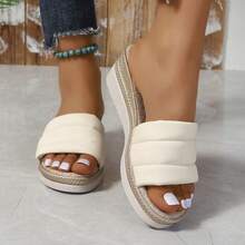 2024 Mùa hè Mới Giải trí Dép đi trong nhà Đối với phụ nữ , Dày Đáy Nền tảng & Lanh Dây đeo Thiết kế , Hàn Quốc Phong cách , Thoải mái Và Chống trượt - trắng - Xem 5