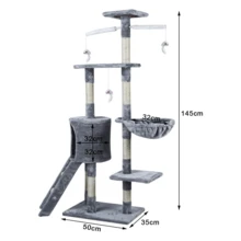Cat Tree, 145cm Cat Scratch Posts Multi-Level Stable Cat Climbing Tower Cat Activity Trees With Ladder, Indoor Pet Activity Furniture Play House For Kitty Kitten - Grey - View 2