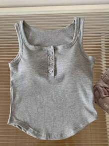 少女運動背心套裝有內置墊杯，實色扣領坦克背心，適合穿搭穿層