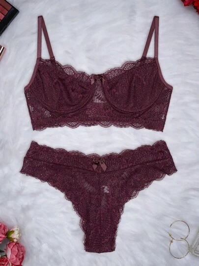 Conjunto Lingerie Renda Sutiã Com Aro Sem Bojo Com Forro Calcinha Com Elástico Mirela