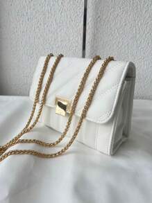 Quadrado bolsas feminina pequena/fensta com corrente de ferro dourado couro sintetico - Branco - Visão 3