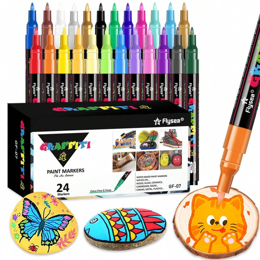 FLYSEA 12/18/24 色优质细头丙烯颜料马克笔，适用于木材、帆布、石材、岩石绘画、玻璃、陶瓷表面，可在各种表面上进行 DIY 返校