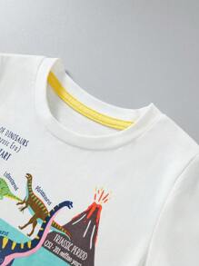 Little Bitty Young Boy Casual Short Sleeve T-Shirt, Cartoon Dinosaur Print, Fashion Outdoor Wear, Spring/Summer - White - View 3
